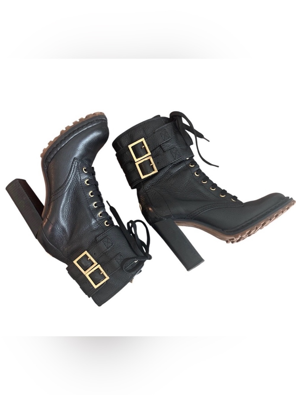 Tory Burch Combat Boots Black Leather Double Buckle Heeled Moto Size 9